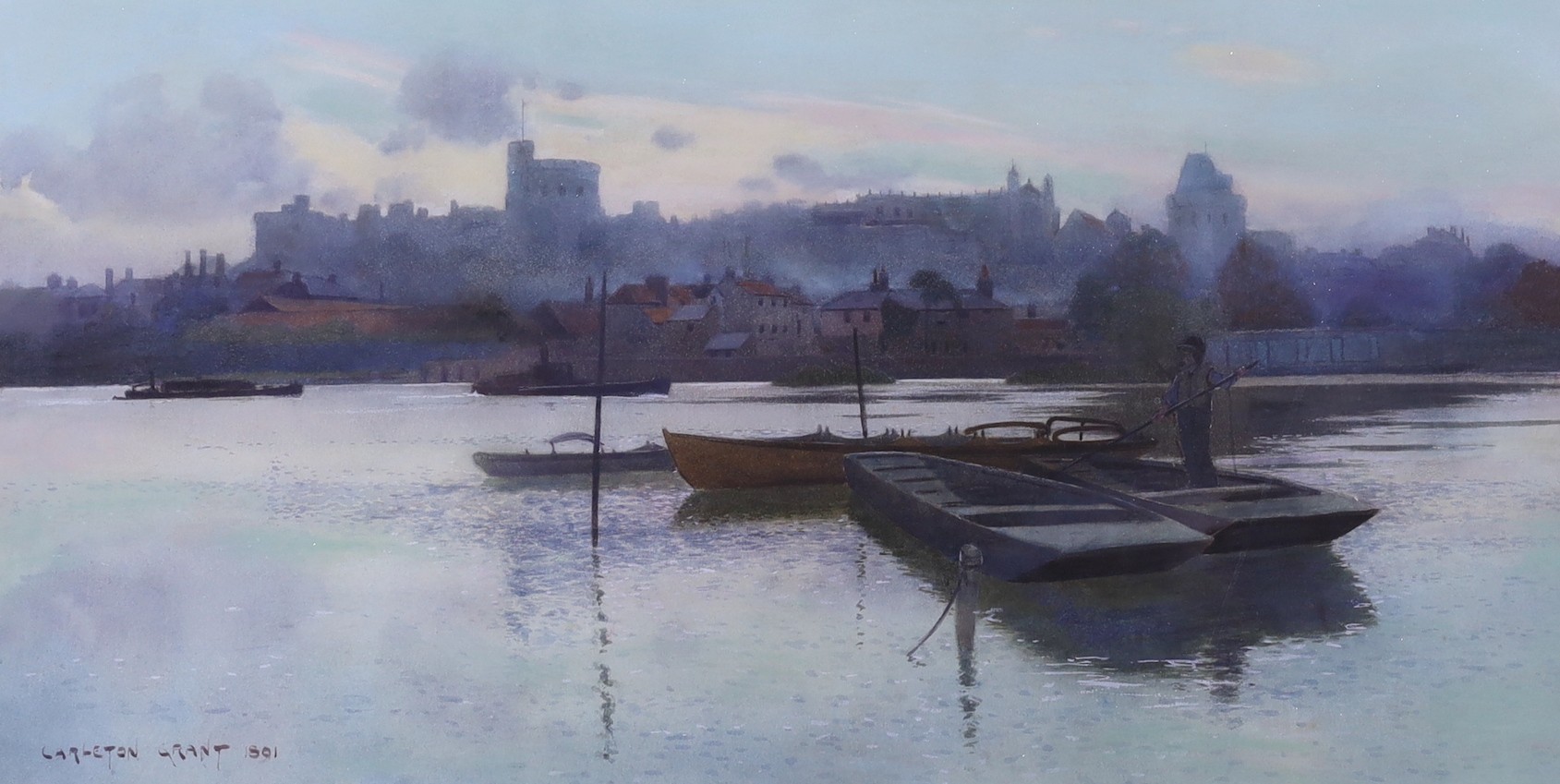 Carleton Grant (1860-1930), gouache and watercolour, Study of Windsor Castle from the waterside, signed and dated 1891, 34 x 64cm